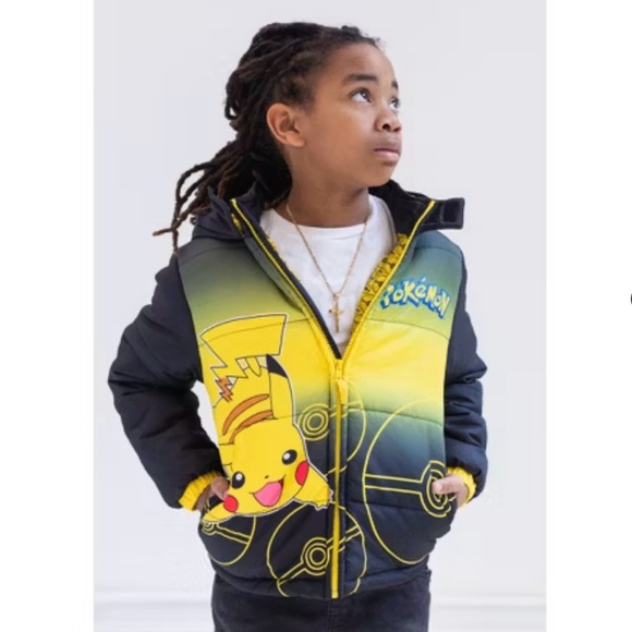 NWT Pokémon Pikachu Boys Winter Coat Puffer Jacket in Yellow/Black Size 14/16 - Picture 2 of 12